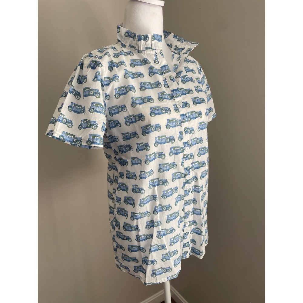 Le Bazar Coastal Shirt Women‎ S White Blue Cotton Old Car Whimsical Button Short
